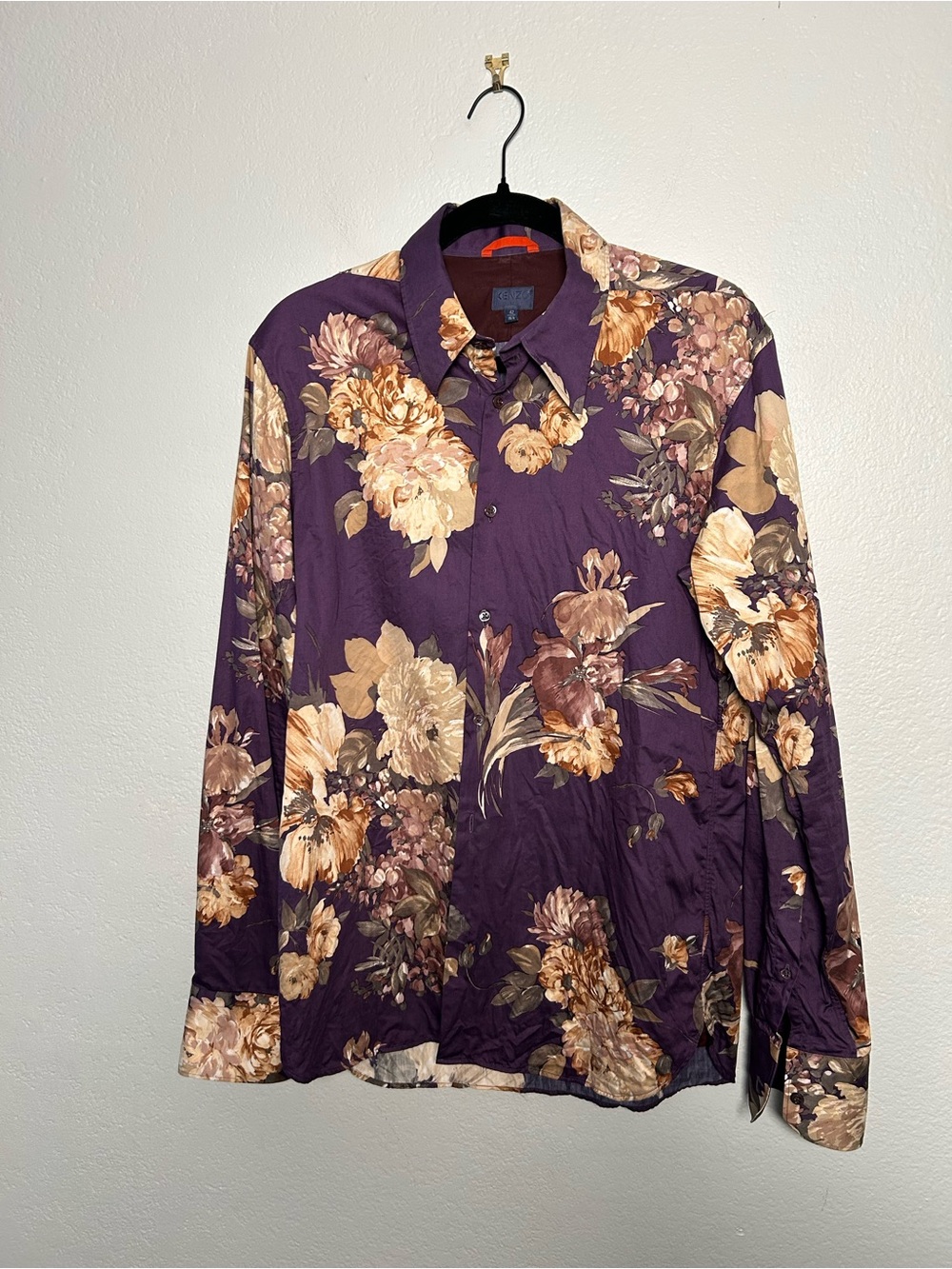Kenzo Homme Purple and Tan Floral Button Down Cotton Shirt Size 42, 16 1/2